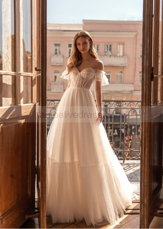 Off Shoulder Beaded Ivory Polka Dots Tulle Wedding Dress